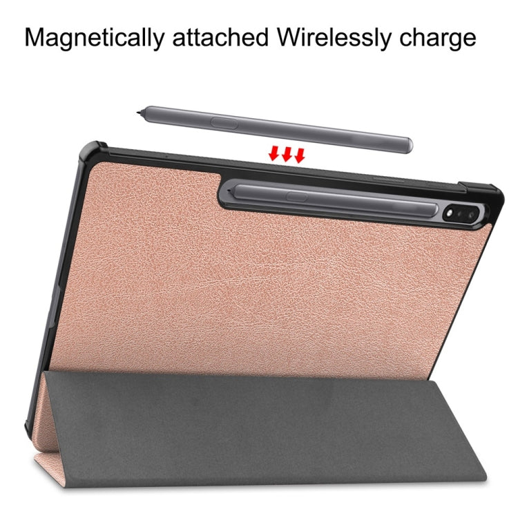 For Samsung Galaxy Tab S9+ JUNSUNMAY Custer Solid Color 3-Fold Stand Leather Smart Tablet Case(Rose Gold)
