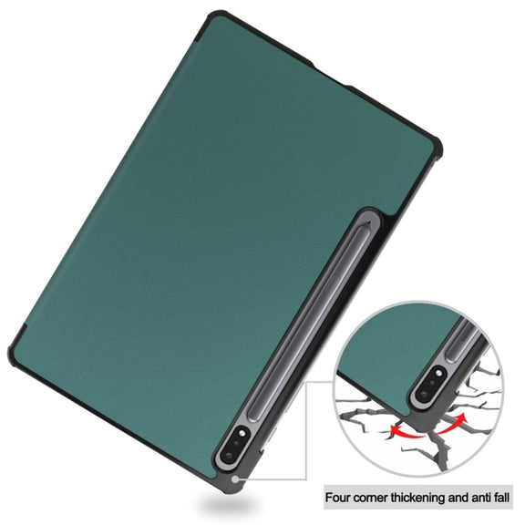 For Samsung Galaxy Tab S9+ JUNSUNMAY Custer Solid Color 3-Fold Stand Leather Smart Tablet Case(Dark Green)