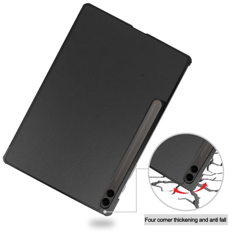 For Samsung Galaxy Tab S9 FE+ 12.4 JUNSUNMAY Custer Solid Color 3-Fold Stand Leather Smart Tablet Case(Black)