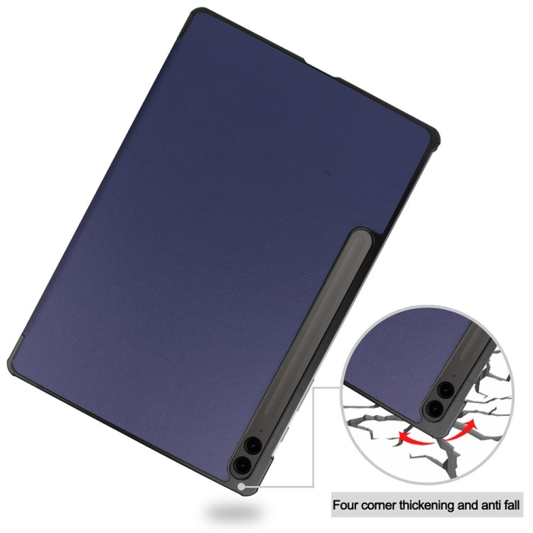 For Samsung Galaxy Tab S9 FE+ 12.4 JUNSUNMAY Custer Solid Color 3-Fold Stand Leather Smart Tablet Case(Dark Blue)