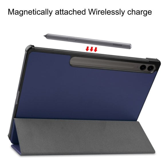 For Samsung Galaxy Tab S9 FE+ 12.4 JUNSUNMAY Custer Solid Color 3-Fold Stand Leather Smart Tablet Case(Dark Blue)