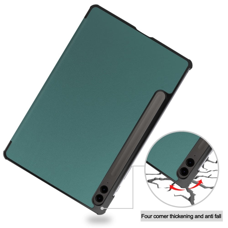 For Samsung Galaxy Tab S9 FE+ 12.4 JUNSUNMAY Custer Solid Color 3-Fold Stand Leather Smart Tablet Case(Dark Green)
