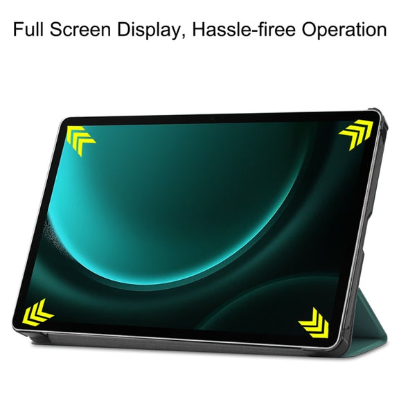 For Samsung Galaxy Tab S9 FE+ 12.4 JUNSUNMAY Custer Solid Color 3-Fold Stand Leather Smart Tablet Case(Dark Green)