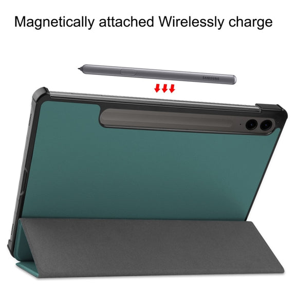 For Samsung Galaxy Tab S9 FE+ 12.4 JUNSUNMAY Custer Solid Color 3-Fold Stand Leather Smart Tablet Case(Dark Green)