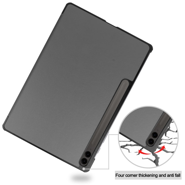 For Samsung Galaxy Tab S9 FE+ 12.4 JUNSUNMAY Custer Solid Color 3-Fold Stand Leather Smart Tablet Case(Grey)