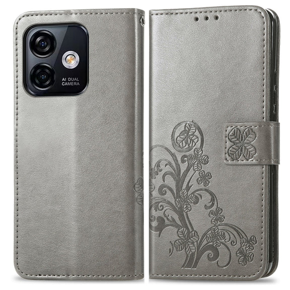 For Ulefone Note 16 Pro Four-leaf Clasp Embossed Buckle Leather Phone Case(Gray)
