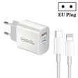 PD30W USB-C / Type-C + QC3.0 USB Dual Port Charger with 1m Type-C to 8 Pin Data Cable, EU Plug - free shipping - PMC TechLife - Order now!