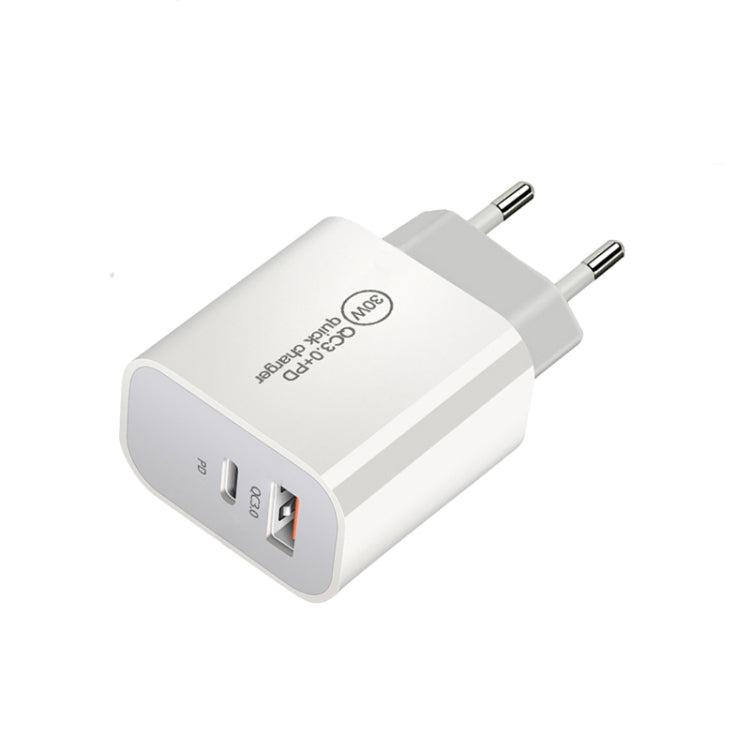 PD30W USB-C / Type-C + QC3.0 USB Dual Port Charger with 1m Type-C to 8 Pin Data Cable, EU Plug