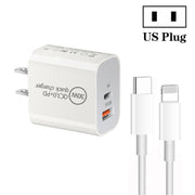 PD30W USB-C / Type-C + QC3.0 USB Dual Port Charger with 1m Type-C to 8 Pin Data Cable, US Plug