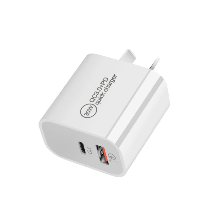 PD30W USB-C / Type-C + QC3.0 USB Dual Port Charger with 1m Type-C to 8 Pin Data Cable, US Plug