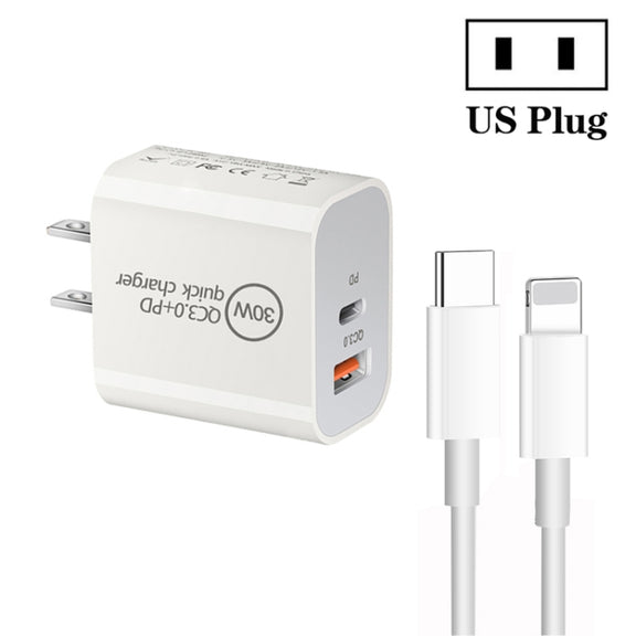 PD30W USB-C / Type-C + QC3.0 USB Dual Port Charger with 1m Type-C to 8 Pin Data Cable, US Plug