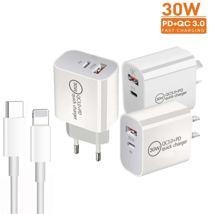 PD30W USB-C / Type-C + QC3.0 USB Dual Port Charger with 1m Type-C to 8 Pin Data Cable, AU Plug