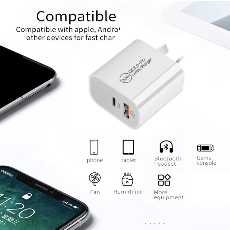 PD30W USB-C / Type-C + QC3.0 USB Dual Port Charger with 1m Type-C to 8 Pin Data Cable, EU Plug