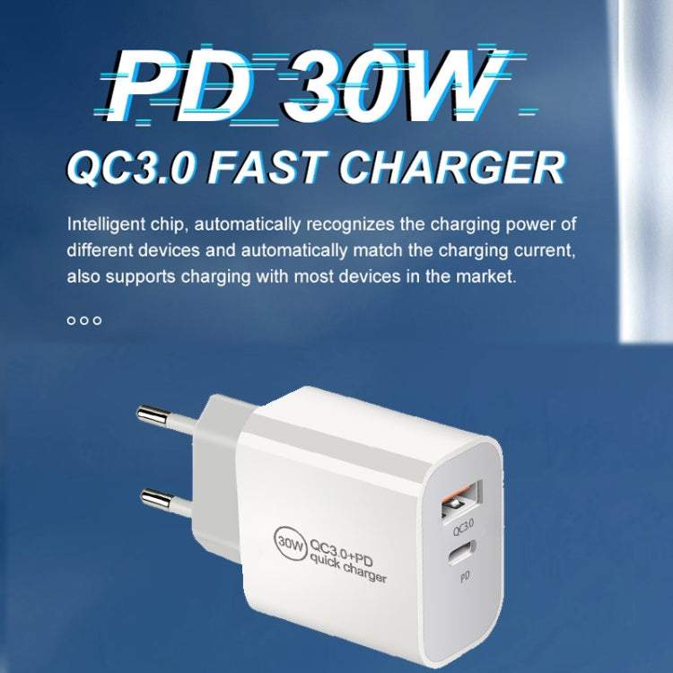 PD30W USB-C / Type-C + QC3.0 USB Dual Port Charger with 1m Type-C to 8 Pin Data Cable, US Plug
