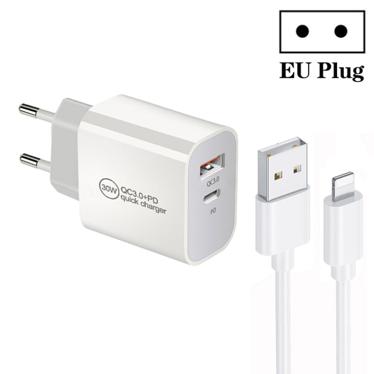 PD30W USB-C / Type-C + QC3.0 USB Dual Port Charger with 1m USB to 8 Pin Data Cable, EU Plug