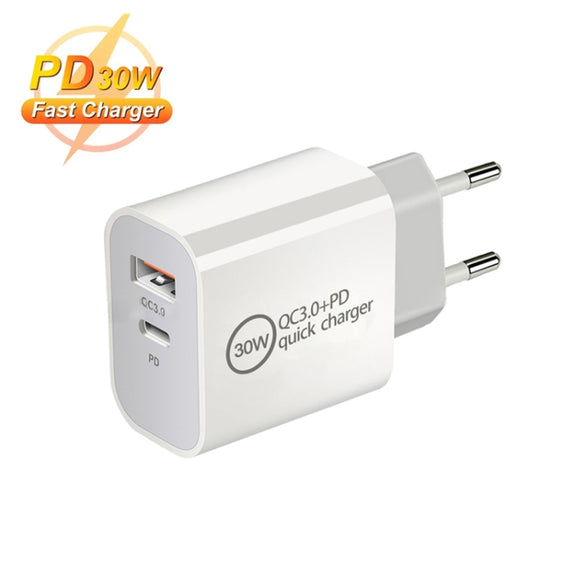 PD30W USB-C / Type-C + QC3.0 USB Dual Port Charger with 1m USB to 8 Pin Data Cable, EU Plug