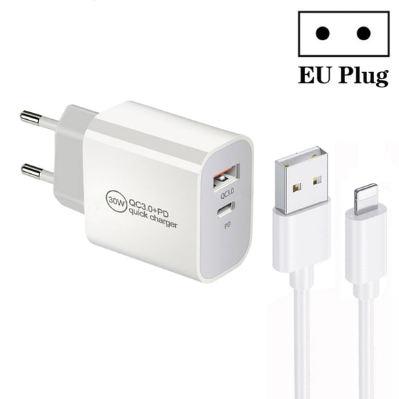 PD30W USB-C / Type-C + QC3.0 USB Dual Port Charger with 1m USB to 8 Pin Data Cable, EU Plug