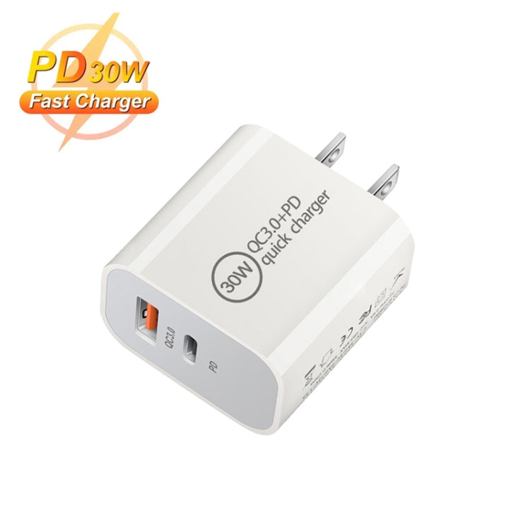 PD30W USB-C / Type-C + QC3.0 USB Dual Port Charger with 1m USB to 8 Pin Data Cable, US Plug