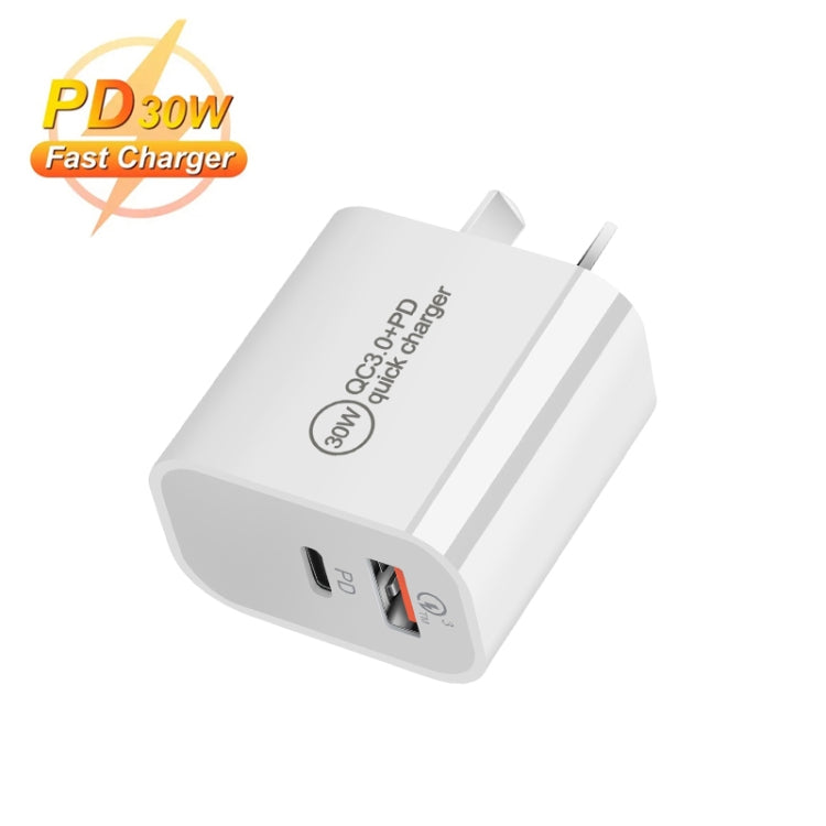 PD30W USB-C / Type-C + QC3.0 USB Dual Port Charger with 1m USB to 8 Pin Data Cable, AU Plug