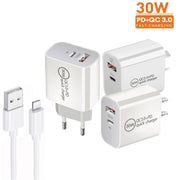 PD30W USB-C / Type-C + QC3.0 USB Dual Port Charger with 1m USB to 8 Pin Data Cable, AU Plug