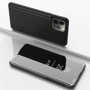 For iPhone 16 Pro Max Plated Mirror Horizontal Flip Leather Phone Case with Holder(Black)