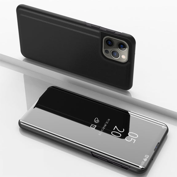 For iPhone 16 Pro Max Plated Mirror Horizontal Flip Leather Phone Case with Holder(Black)
