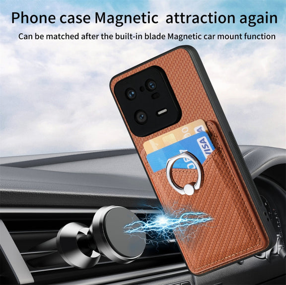For Xiaomi 13 Pro Carbon Fiber Card Wallet Ring Holder Phone Case(Brown)