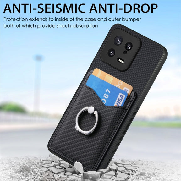 For Xiaomi  13 Carbon Fiber Card Wallet Ring Holder Phone Case(Black)