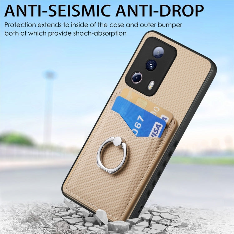 For Xiaomi 12T Pro Carbon Fiber Card Wallet Ring Holder Phone Case(Khaki)