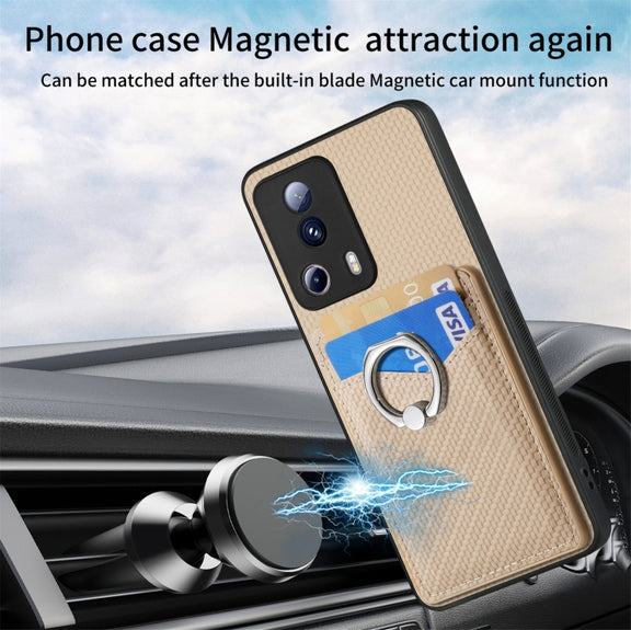 For Xiaomi 12T Pro Carbon Fiber Card Wallet Ring Holder Phone Case(Khaki)