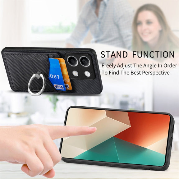For Xiaomi Redmi Note 13 Carbon Fiber Card Wallet Ring Holder Phone Case(Black)