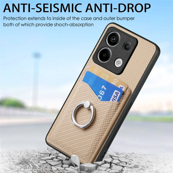 For Xiaomi Redmi Note 13 Pro Carbon Fiber Card Wallet Ring Holder Phone Case(Khaki)