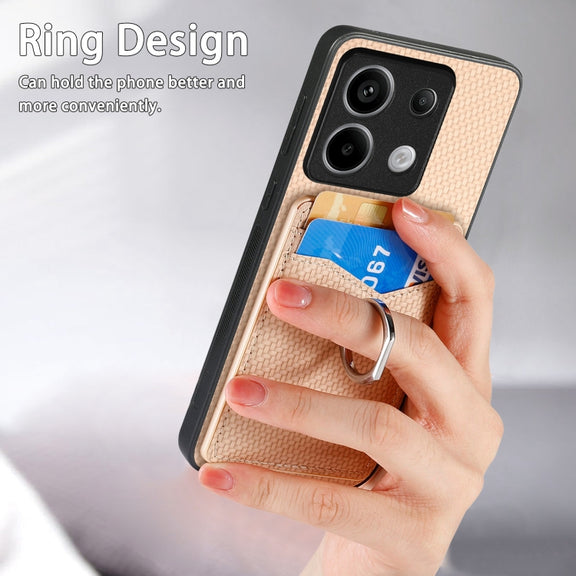 For Xiaomi Redmi Note 13 Pro Carbon Fiber Card Wallet Ring Holder Phone Case(Khaki)