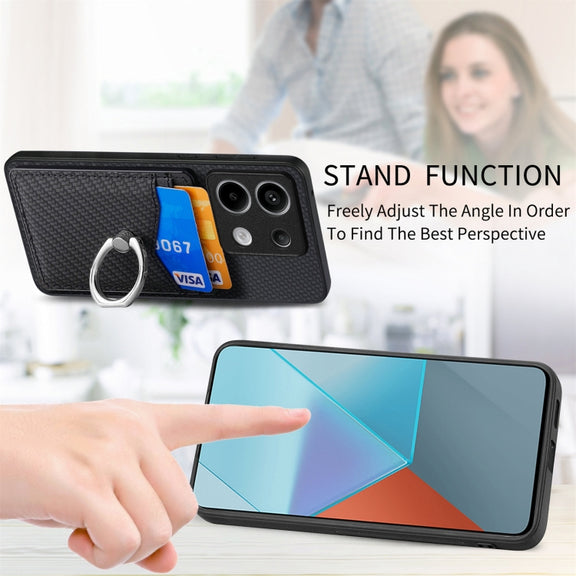 For Xiaomi Redmi Note 13 Pro+ Carbon Fiber Card Wallet Ring Holder Phone Case(Black)