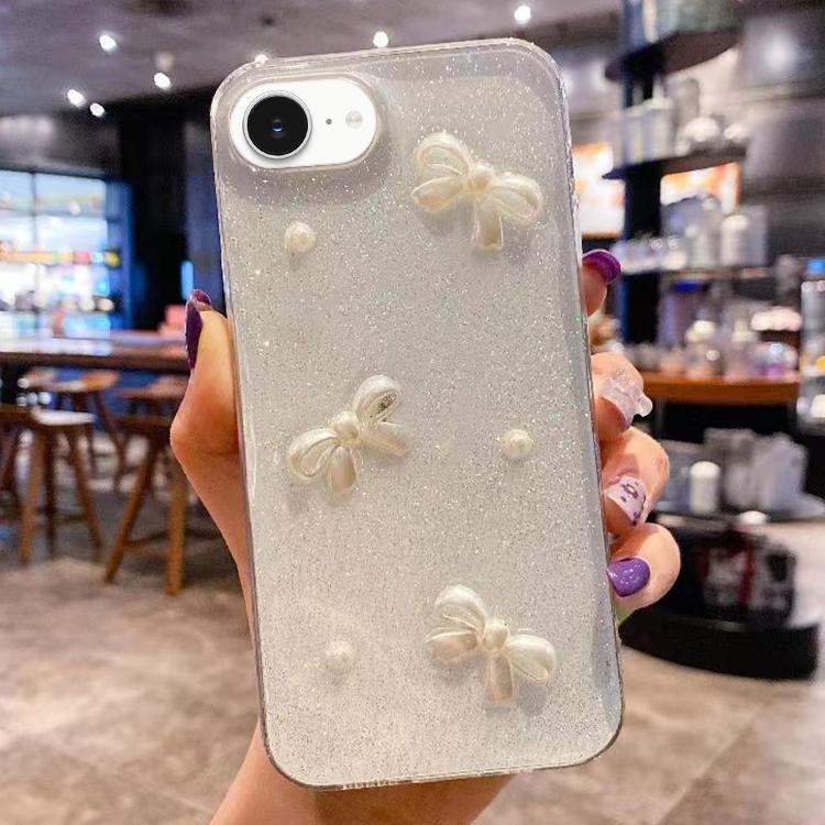 For iPhone 16e Pearl Bow Glitter Epoxy TPU Phone Case(Three Knots)