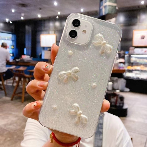 For iPhone 16 Pro Pearl Bow Glitter Epoxy TPU Phone Case(Three Knots)