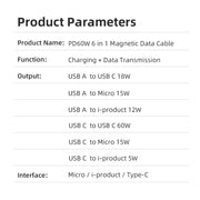 ENKAY 6-in-1 PD60W USB-A / Type-C to Type-C / 8 Pin / Micro USB Magnetic Fast Charging Cable, Cable Length:1m(Black)