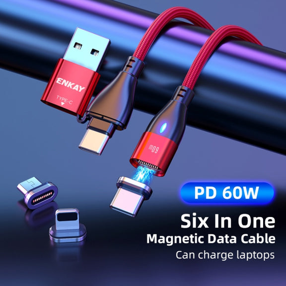 ENKAY 6-in-1 PD60W USB-A / Type-C to Type-C / 8 Pin / Micro USB Magnetic Fast Charging Cable, Cable Length:1m(Black)