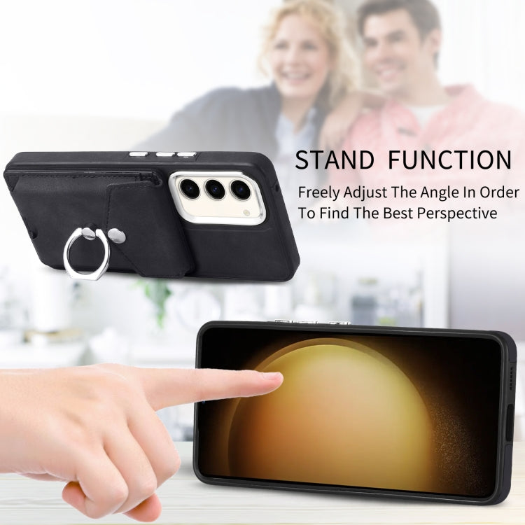 For Samsung Galaxy S23 5G Electroplating Skin-feel Leather Ring Card Wallet Phone Case(Black)