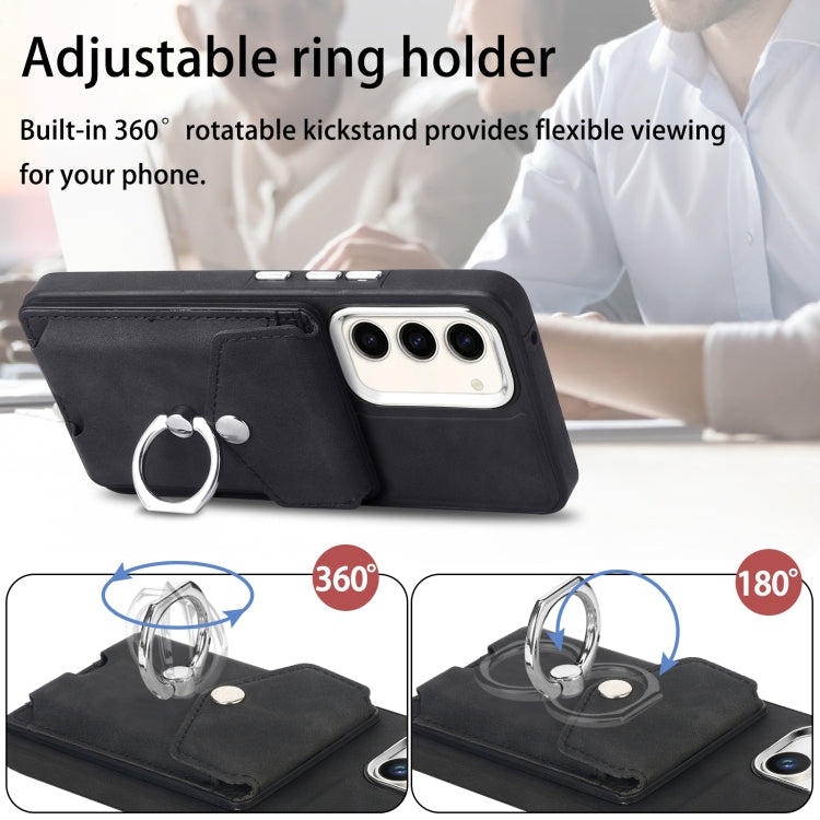 For Samsung Galaxy S23 5G Electroplating Skin-feel Leather Ring Card Wallet Phone Case(Black)