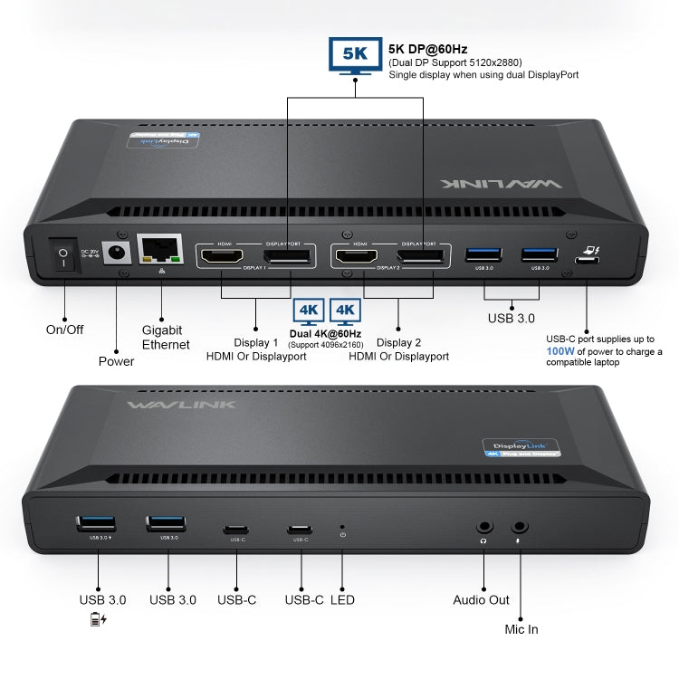 Wavlink UG69PD2 Dual 4K Fast Charging Integrated Docking Station, Plug:EU Plug