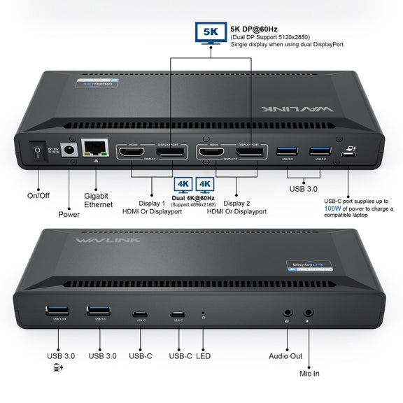 Wavlink UG69PD2 Dual 4K Fast Charging Integrated Docking Station, Plug:UK Plug