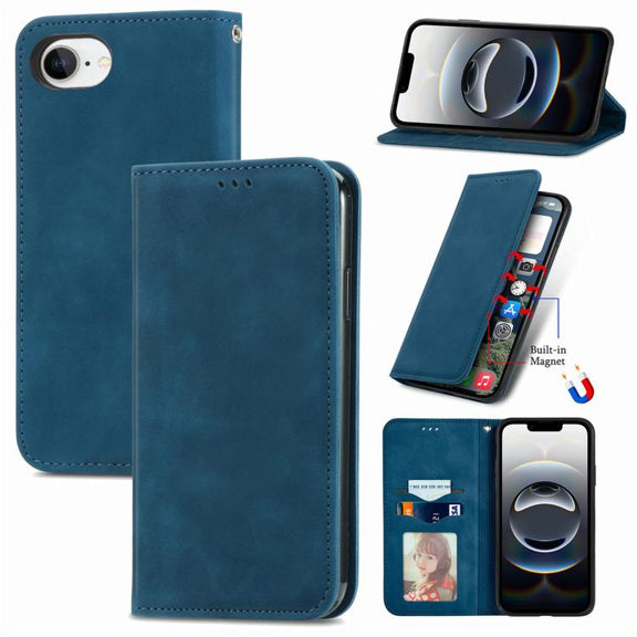 For iPhone 16e Retro Skin Feel Magnetic Flip Leather Phone Case(Blue)