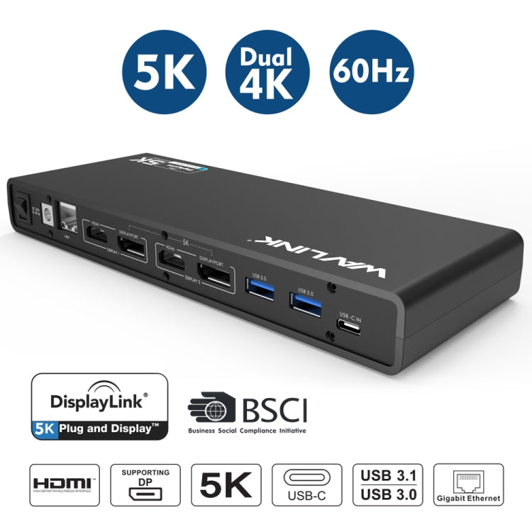 Wavlink UG69DK1 5K Type-C Dual Display USB 3.0 Video Gigabit Ethernet HDMI Docking Station, Plug:US Plug