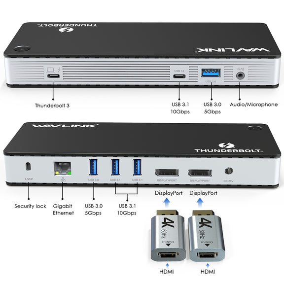 Wavlink UTD21H 60W Host Charging Thunderbolt 3 Docking Station 4K Dual Display 11 in 1 Ports, Plug:EU Plug
