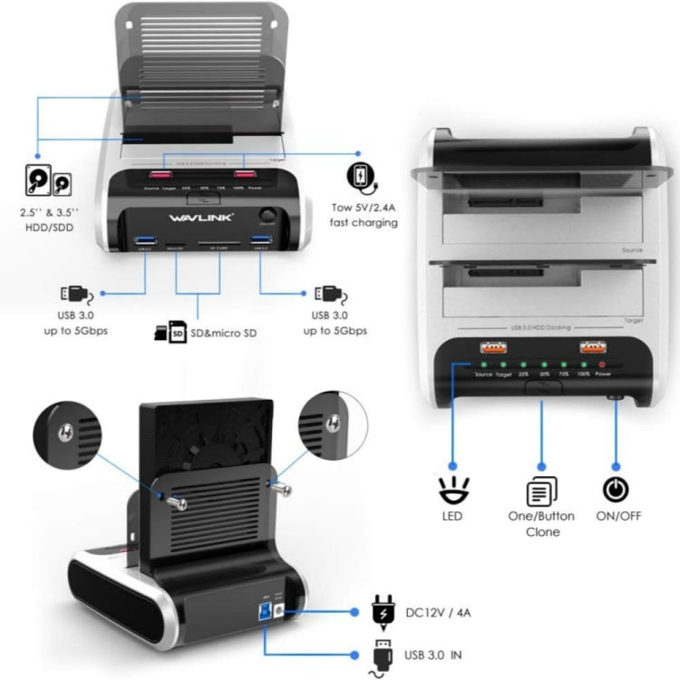 Wavlink ST336A SSD HDD Fast Offline Clone SATA  USB 3.0 External Hard Drive Case(AU Plug)