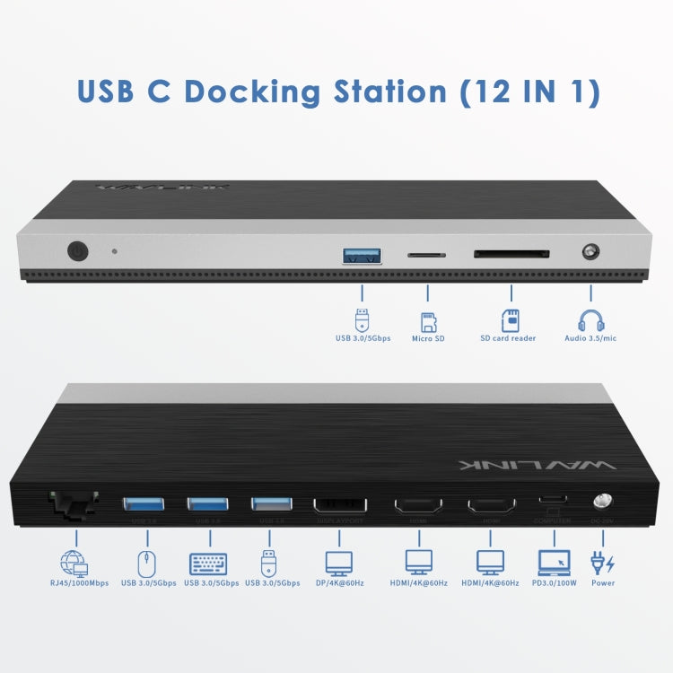 Wavlink UMD05 Display Port HDMI Port RJ45 Ethernet Triple Display MST Laptop Docking Station, Plug:US Plug
