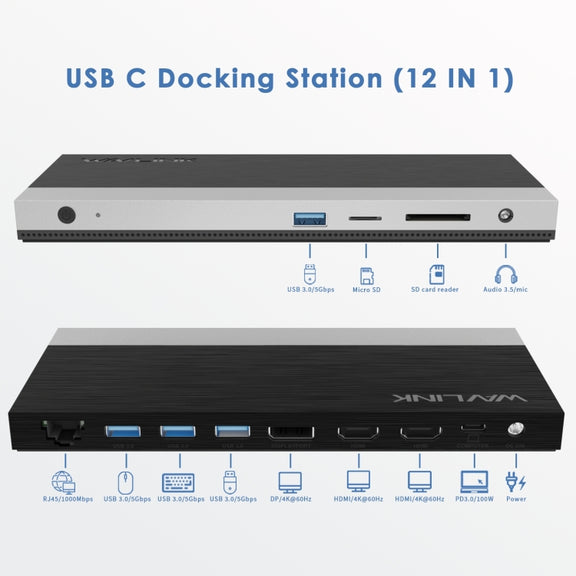 Wavlink UMD05 Display Port HDMI Port RJ45 Ethernet Triple Display MST Laptop Docking Station, Plug:AU Plug
