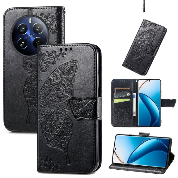 For Realme 12 Pro Butterfly Love Flower Embossed Leather Phone Case(Black)