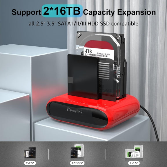 Wavlink ST341U Dual Bay External Hard Drive Docking Station Support Offline Clone Function(UK Plug)